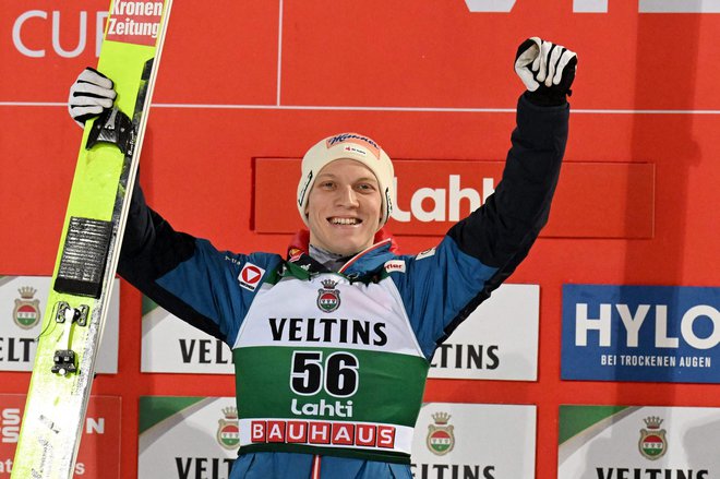 Avstrijec Jan Hörl se je veselil svoje tretje zmage v svetovnem pokalu. FOTO: Jussi Nukari/AFP