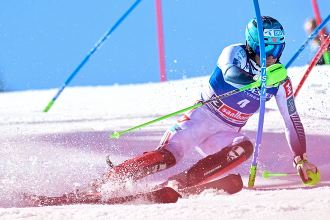 Norvežan Timon Haugan je bil najhitrejši v slalomu. FOTO: Joe Klamar/AFP