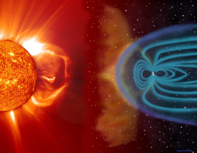 Ilustracija izbruha koronalne snovi in njegovega vpliva na Zemljo FOTO: Nasa/GSFC/SOHO/Esa