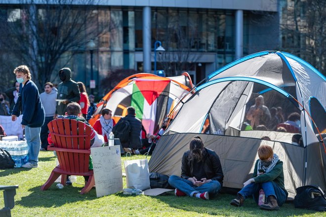 Propalestinski protestniki so se zbrali v taboru pred univerzo v Bostonu. FOTO: Joseph Prezioso/AFP