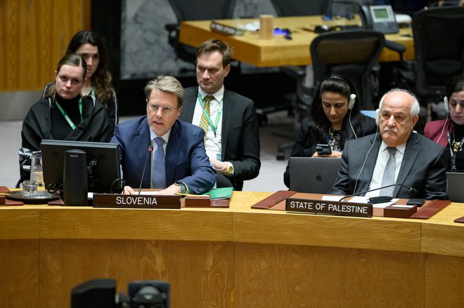 Predstavnik Slovenije v varnostnem svetu Samuel Žbogar februarja letos. Ob njem sedi Rijad Mansur, stalni opazovalec Palestine pri Združenih narodih. Foto Loey Felipe/UN Photo