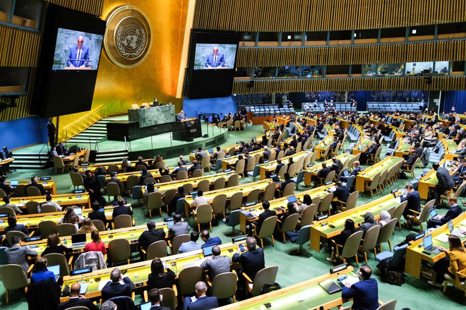 Generalna skupščina OZN med glasovanjem o resoluciji o Palestini. Foto Charly Triballeau/Afp