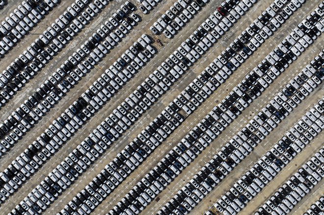 Kolone uvoženih avtomobilov v kitajskem pristanišču Nanjing. FOTO: AFP