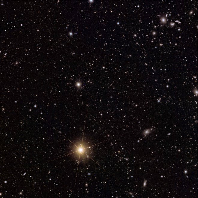 Jata galaksij Abell 2764 (zgoraj desno) obsega na stotine galaksij znotraj velikega haloja temne snovi. Ta popolni pogled na Abell 2764 in okolico – pridobljen zahvaljujoč Evklidovemu izjemno širokemu vidnemu polju – omogoča znanstvenikom, da izmerijo velikost jate in vidijo tudi njeno obrobje z oddaljenimi galaksijami, ki so še vedno v kadru. Na posnetku je tudi svetla zvezda V*BP-Phoenicis/HD 1973, to je zvezda v naši galaksiji, ki je skoraj dovolj svetla, da bi jo lahko videli s prostim očesom (z južne poloble). FOTO: Esa/Euclid/Nasa 