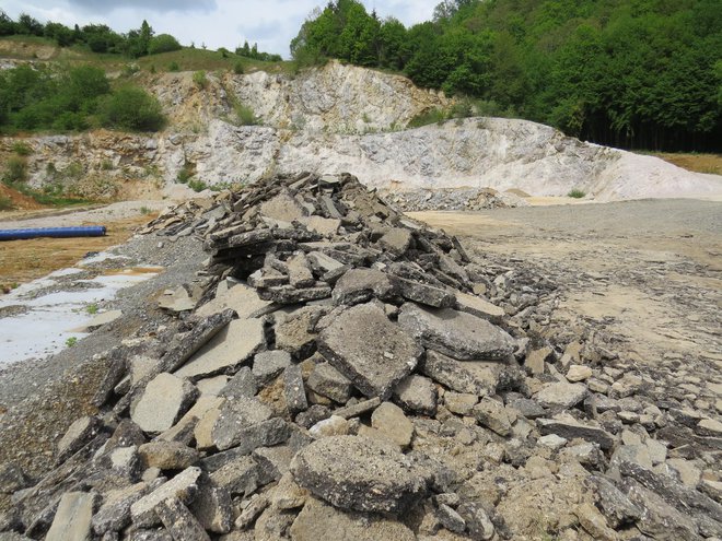 Na zemljišču nekdanjega kamnoloma se že kopičijo gradbeni odpadki za predelavo. FOTO: Bojan Rajšek/Delo