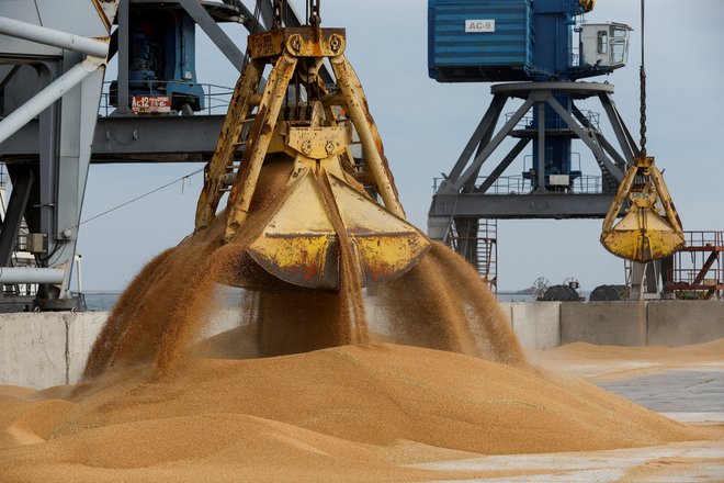Evropska unija se zadnje mesece pripravlja na znatno povišanje uvoznih carin na žito iz Rusije, ki se še naprej steka tudi v države sedemindvajseterice. Na fotografiji rusko pristanišče Rostov na Donu. FOTO: REUTERS/Alexander Ermochenko
