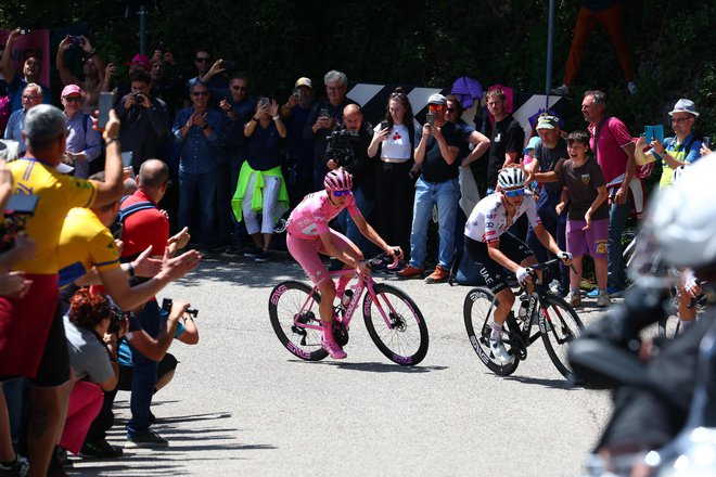 Spremljali smo kolesarskega angela z rožnatimi krili, so o Tadeju Pogačarju zapisali pri Gazzetti dello Sport. foto: Luca Bettini/AFP