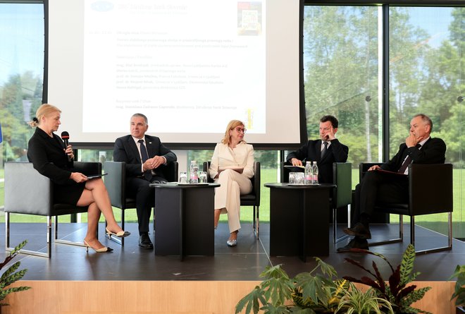 Bančna konferenca na Brdu pri Kranju: z leve direktorica ZBS Stanislava Zadravec Caprirolo, predsednik državnega sveta Marko Lotrič, direktorica GZS Vesna Nahtigal, Damjan Možina s pravne fakultete in ekonomist Mojmir Mrak. FOTO: Blaž Samec/Delo