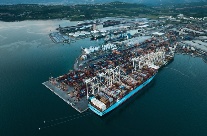 Astrid Maersk je dolga 350 in široka 53 metrov, pluje lahko s hitrostjo 21 vozlovi. Natovorila bi lahko 29.000 afriških slonov. V resnici pa pelje 16.592 kontejnerjev. Foto Jaka Ceglar
