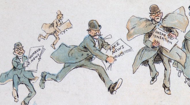 Ilustracija ameriškega karikaturista Fredericka Burra Opperja iz leta 1894 dokazuje, da so lažne novice in manipulacije že dolgo stalnica. FOTO: Wikipedija