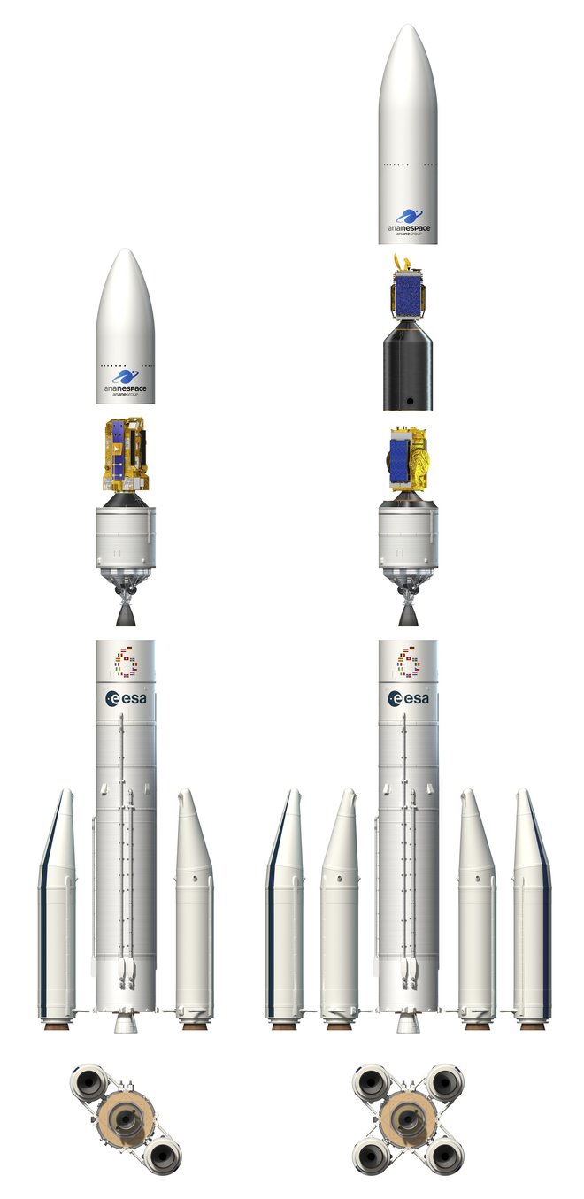 Ariane 6 je visoka do 62 metrov. Sestavljata jo glavna stopnja z dvema ali štirimi stranskimi potisniki in zgornja stopnja s tovorom. FOTO: Esa

 