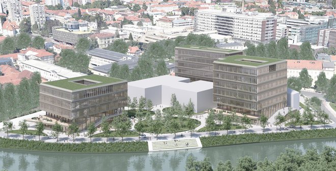 Pogled na zasnovo Kampusa Zaloška, kjer bo med tremi objekti medicinske fakultete še modularna bolnišnica ljubljanskega kliničnega centra. FOTO: Računalniški prikazi Gužič Trplan arhitekti