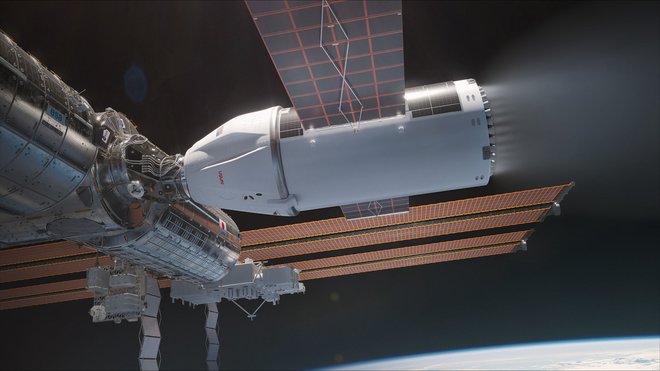 Upodobitev posebnega plovila Deorbit Vehicle, s katerim bodo iztrili ISS. FOTO: Spacex

 
