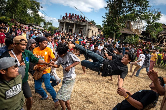 Moški se borijo med zahvalnim festivalom Sisemba po žetvi riža v Tikali v Južnem Sulawesiju. Sisembo izvajajo različne starostne skupine iz sosednjih vasi pod nadzorom starejših. Le oni lahko brcajo ali prejemajo brce, medtem ko se držijo za roke, saj verjamejo, da bo resen boj prinesel še eno dobro letino v prihodnji sezoni. Foto: Hariandi Hafid/Afp