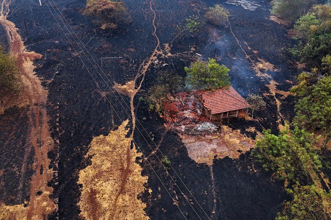 Pogled na hišo, ki jo je uničil požar v okolici avtoceste SP-330 v mestu Ribeirao Preto v brazilski zvezni državi Sao Paolo. Zaradi gozdnih požarov na JV Brazilije je bila 23. avgusta razglašena najvišja stopnja pripravljenosti v približno 30 mestih v zvezni državi Sao Paulo, kjer je požar blokiral ceste, dim pa je dosegel glavno mesto Sao Paulo. Foto: Carlos Fabal/Afp