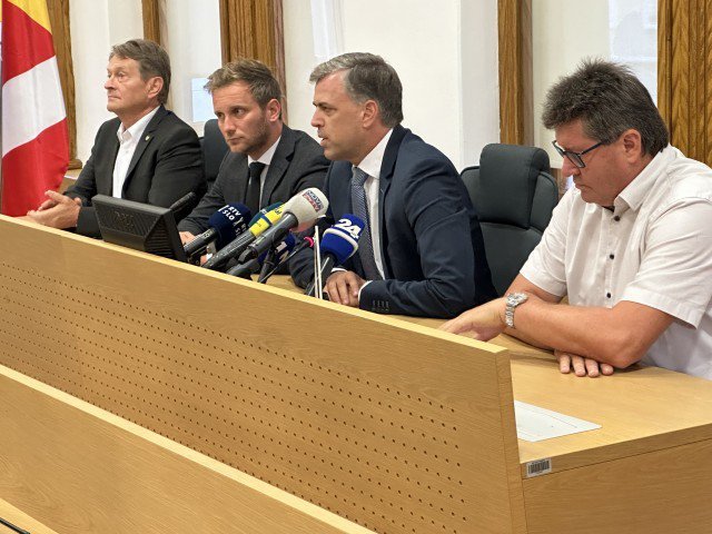 Župani občine Črnomelj Andrej Kavšek, podžupan občine Kočevje Gregor Košir, župan MO Novo Mesto Gregor Macedoni in župan občine Brežice Ivan Molan. FOTO: Aleš Kocjan/STA