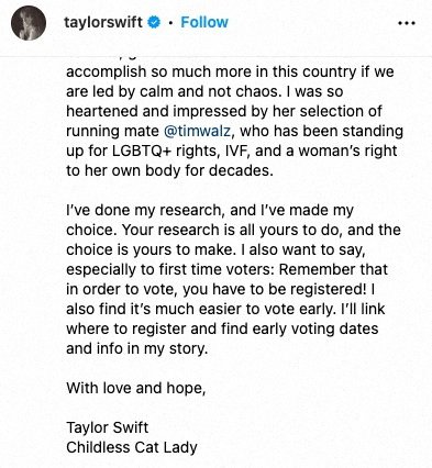 Objava Taylor Swift na instagramu. FOTO: Reuters