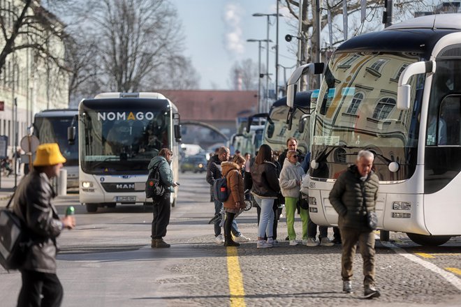 Na peronu je stal zaklenjen, prazen avtobus podjetja Nomago: stal je tam tak še ob 10.07, ko sem jezna odhajala s postaje. FOTO: BlaŽ Samec