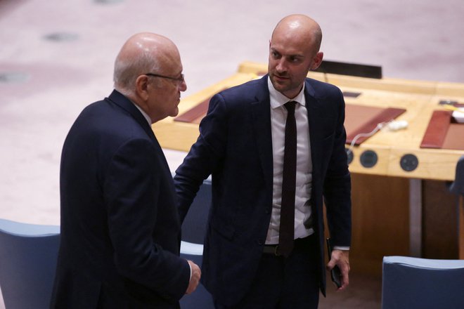 Libanonski premier Nadžib Mikati in francoski zunanji minister na zasedanju VS ZN v New Yorku 25. septembra FOTO: Leonardo Munoz/AFP