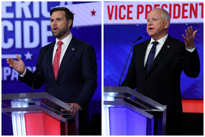 J. D. Vance (levo) in Tim Walz sta dobro zagovarjala nasprotne politične in ideološke prioritete ameriške družbe. FOTO: Mike Segar/Reuters