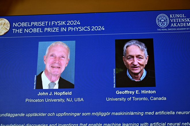 John J. Hopfield in Geoffrey Hinton sta letošnja prejemnika Nobelove nagrade za fiziko. FOTO: Christine Olsson/Reuters

 