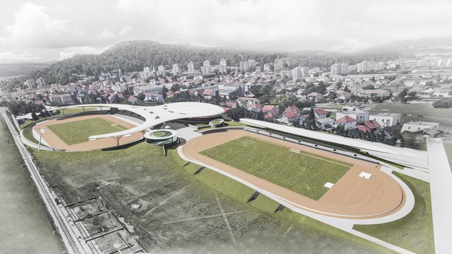 V Šiški bodo zgradili glavni atletski stadion z atletsko dvorano in skupnimi prostori, pomožni stadion s podzemno garažo in dvorano za mete, uredili pa bodo tudi zelene površine. RAČUNALNIŠKI PRIKAZ: Fin Ars