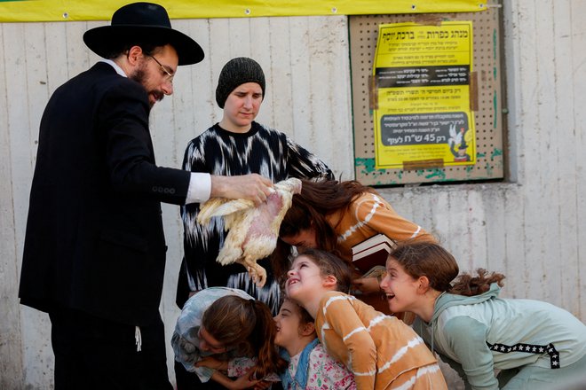 Ultraortodoksni Judje izvajajo obred v mestu Bnei Brak, pri katerem zakoljejo bele piščance kot simbolično gesto sprave pred Jom Kipurjem, judovskim dnevom sprave. Foto: Gonzalo Fuentes/Reutersrs