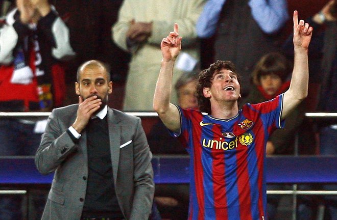 Guardiola in Messi sta tvorila nepremagljivo navezo v Barceloni. Foto Albert Gea/Reuters