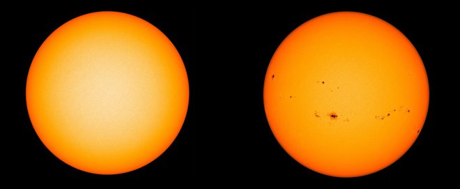 Sonce brez peg in z veliko pegami: Nasin satelit SDO je v vidni svetlobi slikal Sonce decembra 2019, ko je bilo v minimumu, slika maksimuma pa je iz avgusta letos. FOTO: Nasa


 
