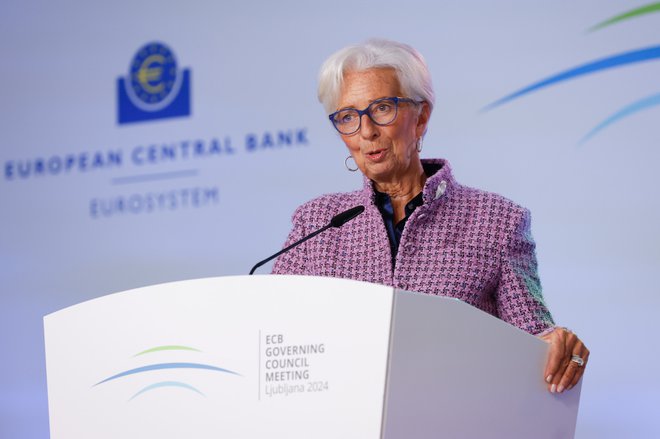 Predsednica ECB Christine Lagarde na popoldanski novinarski konferenci. FOTO: Leon Vidic/Delo