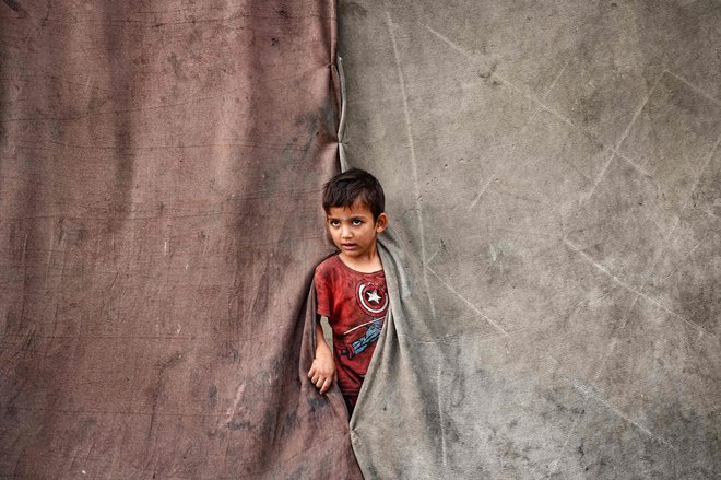 Palestinski deček gleda iz šotora v začasnem taborišču za notranje razseljene osebe v Deir al-Balahu v osrednjem delu Gaze. Foto: Eyad Baba/Afp