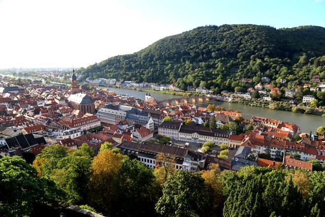 Pogled s Heidelberškega dvorca na staro mestno jedro s cerkvijo sv. Duha in Starim mostom FOTO: Milan Ilić