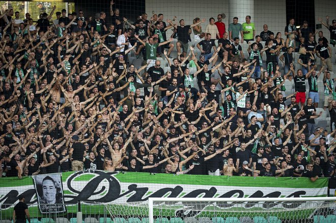 Navijaška skupina Green Dragons na severni tribuni stadiona v Stožicah narekuje ritem podpori zmajem na zelenici. Foto Jože Suhadolnik