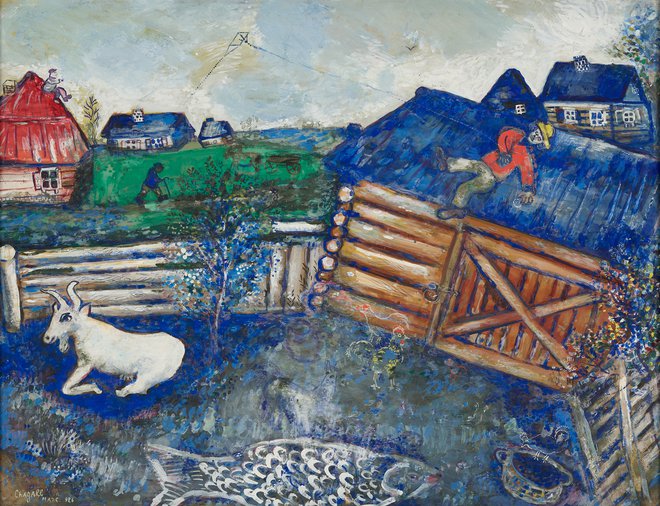 Marc Chagall: Papirnati zmaj, 1925–1926. Svet na Chagallovih slikah je vedno drugačen od običajnega reda. Noben lik ali stvar ni tam, kjer bi pričakovali, da bo. FOTO: Albertina