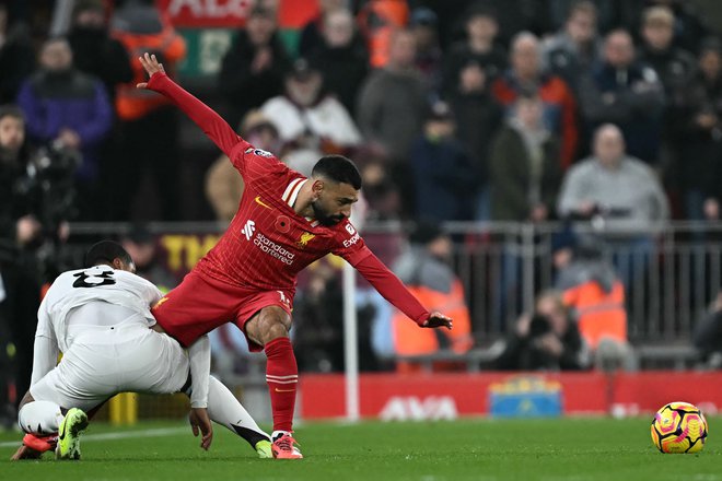 Mohamed Salah je spet kraljeval na Anfieldu. FOTO: Paul Ellis/AFP