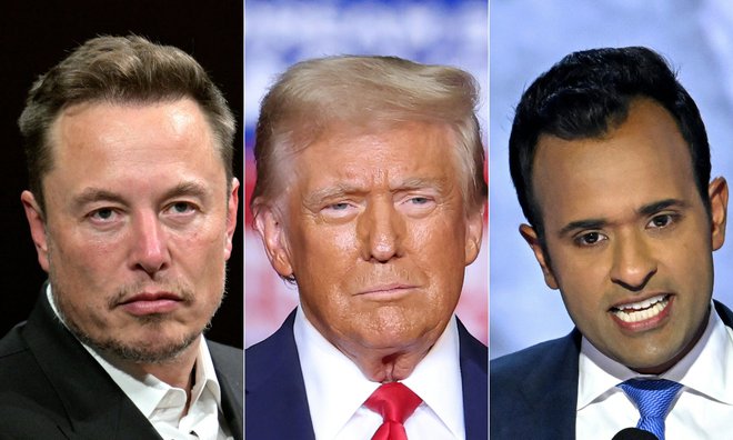 Elon Musk, Donald Trump in Vivek Ramaswamy. FOTO: Alain Jocard/Afp