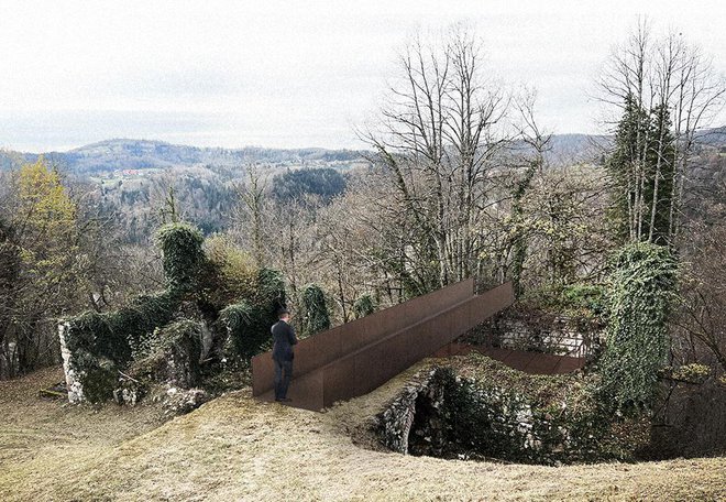 V nekdanji konjušnici, manjšem objektu s senikom, ki je že ruševina, bo umeščena kolesarnica, nad njo pa bo urejena razgledna točka nad Želimeljsko dolino. FOTO: Računalniški prikaz Projekt Nova Gorica