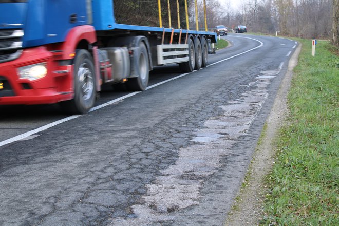 Dotrajana državna cesta med Veliko Račno in Velikim Mlačevim je nevarna za ljudi in tudi za žabe. FOTO: Bojan Rajšek/Delo