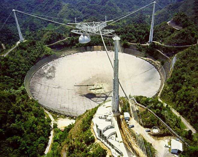 Observatorija Arecibo v Portoriku ni več, sporočilo od tam pa še vedno potuje po vesolju. FOTO: NAIC/AFP

 