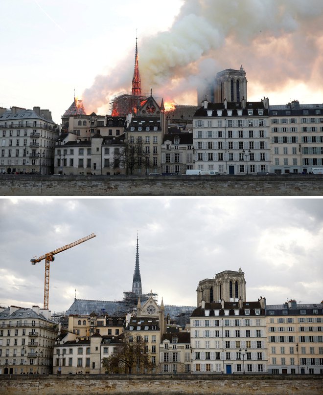 Notredamska katedrala na dan požara, 15. aprila 2019, in 24. novembra letos FOTO: Staff Reuters