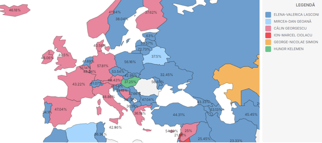 Volilni rezultati romunskih predsedniških volitev diaspore po evropskih državah – obarvano, kdo (in koliko) je prejel največje število glasov v prvem krogu. FOTO: Romunski Volilni Organ/prezenta.roaep.ro