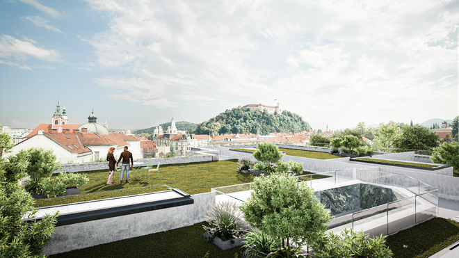 Ozelenjena bo tudi strešna terasa, ki naj bi bila dostopna stanovalcem. FOTO: Računalniški prikaz Rok Dolinšek/ Studio Prikaz