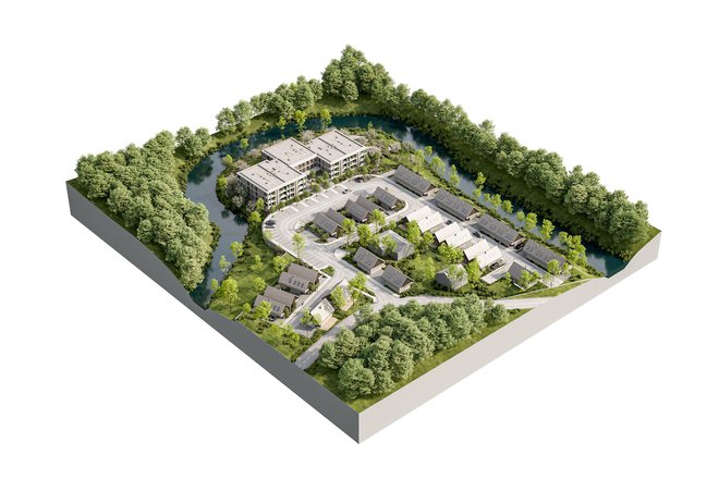 Projekt Srebrni gaj v Dolenjskih Toplicah bo resort s 50 oskrbovanimi stanovanji in 28 oskrbovanimi hišami. FOTO: Render GH Holding