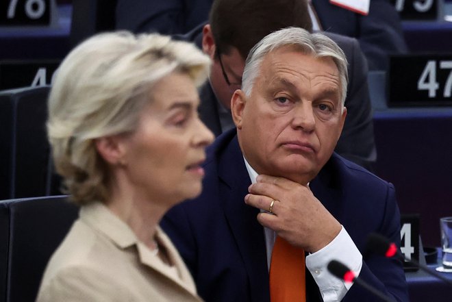 Hungary's Prime Minister Viktor Orban looks on as European Commission president Ursula von der Leyen speaks at the European Parliament, in Strasbourg, France October 9, 2024. REUTERS/Yves Herman Foto Yves Herman Reuters