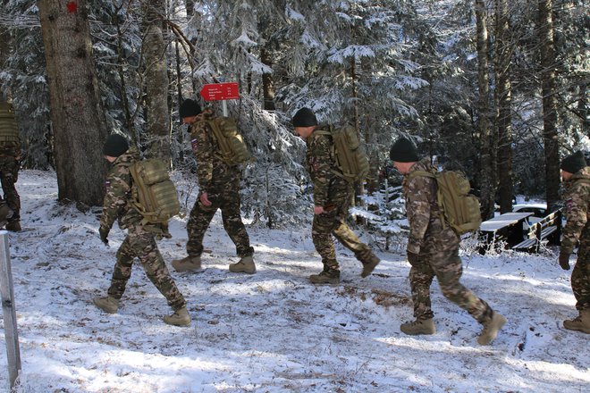 Tudi pripadniki Slovenske vojske so se v mrzlem jutru odpravili na slovesnost. FOTO: Bojan Rajšek/Delo