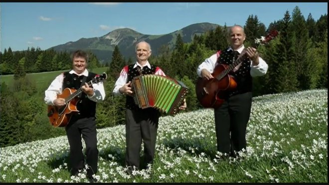 Slovenska narodnozabavna glasba navadno močno idealizira tradicijo, ki jo uprizarja (na fotografiji Ansambel Lojzeta Slaka). FOTO: zajem zaslona