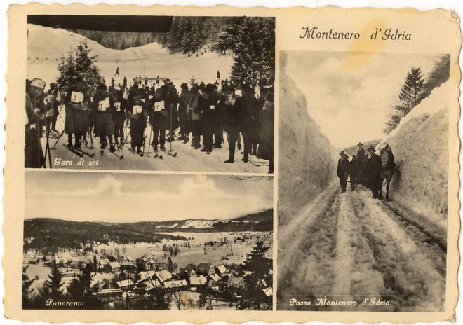 Razglednica Črnega Vrha iz leta 1938, na kateri se dobro vidijo za današnje čase nepredstavljive količine snega. FOTO: Zbornik SK Črni Vrh