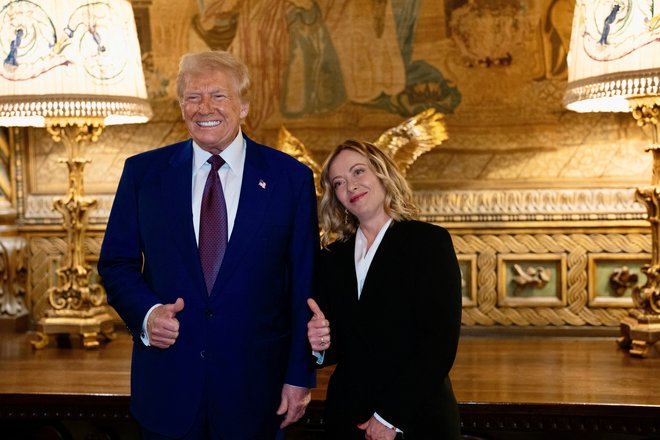 Trump in Melonijeva sta se srečala v Mar-a-Lagu na Floridi 4. januarja letos FOTO: Italian Government Via Reuters