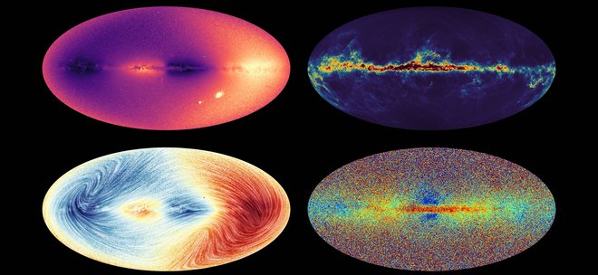 Štirje portreti Galaksije: na zgornjem levem posnetku je uprizorjena hitrost več kot 30 milijonov objektov, večinoma zvezd. Svetli piki spodaj desno sta Mali in Veliki Magellanov oblak. Na spodnjem levem posnetku je prav tako prikazana hitrost zvezd, in sicer okoli 26 milijonov zvezd. V modrem so zvezde, ki se premikajo proti nam, v rdečem pa od nas. Na zgornjem desnem posnetku je razviden galaktični prah, na spodnjem desnem pa kemična sestava zvezd. FOTO: Esa/Gaia/DPAC


 
