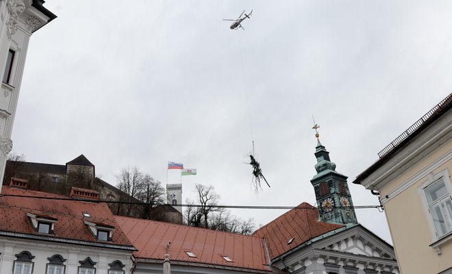 Helikoptersko spravilo lesa iz Ljubljanskega gradu. FOTO: Blaž Samec/Delo